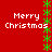 Red background with four identical 'Merry Christmas' text blocks arranged in a , separated by vertical green star patterns