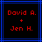 Two identical pixelated display red text on black with blue lines, showing names and a plus sign