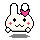 Pixel art bunny with pink bow, red cheeks, and black eyes in four variations showing different arm positions.