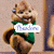 Animated cartoon chipmunk in green sweater with text overlay, standing against light brown background.