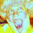 Pixelated static image of a character with light blue skin, large eyes, and an open mouth showing teeth against a yellow background.