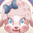 Pixelated cartoon face with light pink hair, blue bow, blue eyes, and pink cheeks, rendered in low-resolution style.
