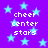 Purple background with light blue stars and repeated white text reading "cheer center stars" in pixelated font.