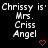 Black background displays repeated text 'Chrissy is Mrs. Criss Angel' with red heart and arrow symbols, some frames showing animation changes.