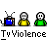 Pixel art animation of two figures interacting with TV sets, showing violence effects like red splatters and smoke.