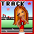 Pixel art contact sheet showing two frames of an animated AIM buddy icon featuring a female character in red athletic wear on a track background with "TRACK" text and stars.
