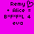 Pixelated text and symbols on a bright pink background with a heart symbol next to 'Remy' in the left