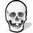 Pixelated grayscale skull icon with hollow eye sockets, nasal cavity, and visible teeth; black outline on white background.