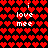 Pixelated red heart pattern background with white text "i love me" repeated in two vertical , transitioning from bright red hearts to darker red hearts
