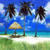 Pixelated beach scene with three palm trees, a thatched-roof hut, and turquoise water under a blue sky.
