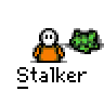 Animated contact sheet showing 17 frames of a pixel art buddy icon sequence with a stick figure and green clover-like objects against gray background.