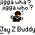 Pixel art buddy icon featuring text above and below a cartoon character with smoke effects, all on white background.