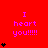 Red background with pink text "I heart you!!!!!" and black heart symbols in a pattern, some hearts animate by increasing count