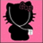 Pixelated black cat silhouette with pink background, bow on head, and chain accessory. Text elements include 'Hello', 'Kitty', and '<3'.