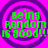 Four identical display green text on a bright pink background with purple concentric circles