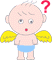 Pixelated cartoon baby with yellow wings, blue diaper, and red question mark above head, showing two eye expressions.