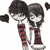 Two chibi-style figures with dark hair stand side-by-side holding hands, surrounded by floating black hearts against a white background.