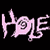 Pixelated image with 'HOLE HOLE' text in pink stylized font on black background, four portrait showing different people's faces
