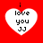 Four identical white heart-shaped icons with black text on a red background, each displaying 'i love you JJ' in pixelated font.