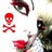 Static pixel art icon featuring a red skull and crossbones on the left, with partial anime-style character faces in dark hair and green clothing visible on the right.