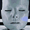 identical stylized faces with closed eyes, light blue cheek marks, and subtle facial lines on a striped background