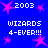 Blue background with pink star shapes and repeated white text reading "2003 WIZARDS 4-EVER!!!" in pixelated font.