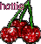 Pixelated cherry cluster icon with pink text 'hottie' displayed in three positions across a gray background, showing slight variations between frames.