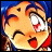 Pixelated anime-style character with blue hair and red clothing, mouth open in a shout, eyes wide with white highlights, against a black background with text.