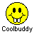 Static pixel art icon of a yellow smiley face with buck teeth and black outlines on gray background, labeled "Coolbuddy" below.
