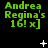 Green text reading "Andrea Regina's 16! x]" on black background with white star-like and dot patterns in three