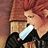 Pixelated character with red hair and black gloves holds a white object near their mouth against a brown background, with red text on black and gray