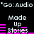 Pixelated text and pink audio waveforms on black background, with "Go:Audio" at top and bottom and "Made Up Stories" in the center.