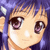 Pixelated anime-style close-up of a character's face with purple hair and large brown eyes, set against a dark blue background.