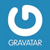 Blue background with white circular swirl symbol above stylized text reading 'GRAVATAR' in pixelated font.