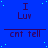 Blue background with light blue dots, repeated text "I Luv" above "cnt tell" in dark purple, arranged in a pattern