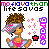 Pixel art icon featuring a character with brown curly hair wearing a gray visor and pink bikini top, surrounded by pink sparkles and purple square symbols.