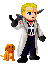 Pixel art character with blonde hair and blue eyes in a white lab coat, dark pants, black gloves, holding a gun-like object; small brown dog sits beside them on gray background.