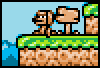 Pixel art scene with a dog-like character, mushroom, and tree on grassy terrain against light blue sky.