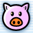 Pixelated pink pig face icon with black outline, orange snout, and yellow eyes on light blue checkered background.