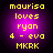 Four identical circular icons with purple gradient backgrounds display yellow pixelated text reading 'maurisa loves ryan 4 - eva MKRK' in a