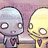 Two pixelated cartoon characters with large eyes stand side-by-side against a pink background, one gray and one yellow.