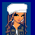 Pixel art image of a woman with long brown hair wearing a white beret, dark jacket, and earrings; three show full body, torso, and legs against blue background