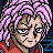 Pixelated anime character with pink spiky hair and purple eyes, wearing red and purple clothing, next to black background with silver text.