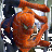 A pixelated orange figure in a dynamic pose with arms raised, set against a dark and light background with scattered white and gray pixels.