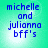 Four identical pixelated text on a cyan background display 'michelle and julianna bff's' in blue lowercase letters with slight variations