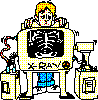 Pixelated cartoon character with yellow hair and red cheeks stands behind a large X-RAY machine, showing two states of the screen.