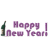 Animated sequence showing repeated 'Happy New Year' text with champagne bottle icons, where the bottles transition from upright to tilted and emit purple sparkles.