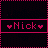 Pixelated icon with 'Nick' text flanked by pink hearts on black and magenta backgrounds, bordered by red-and-pink checkered patterns.