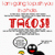 Red text 'TACO' on a gray platform with two cartoon characters below, one holding a taco and the other with a speech bubble.