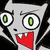 Pixelated cartoon character with large green eyes, red mouth, and gray face against black background.
